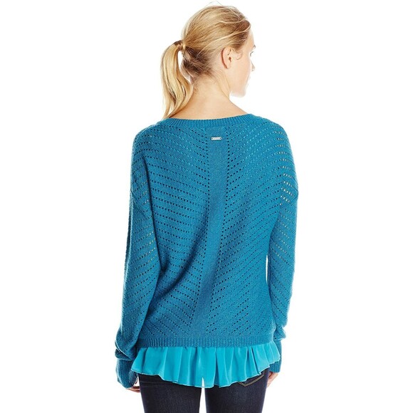 NWT New Womens L Prana Ellery Sweater Top Cotton Aqua Blue Layered LS Logo Soft - Picture 1 of 7
